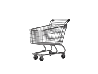 Metallic shopping cart with white handle and wheels isolated on a transparent background trolley