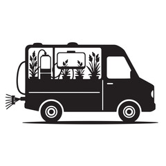 Black and white illustration of a gardening truck carrying plants and spraying water