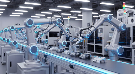 Modern industrial robots working on an automated production line in a smart factory