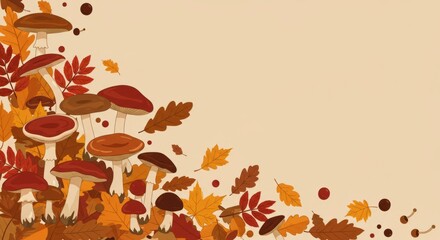 Autumn harvest theme with mushrooms and fall leaves for seasonal design