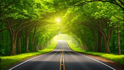 Sunlit road through a lush green forest tunnel