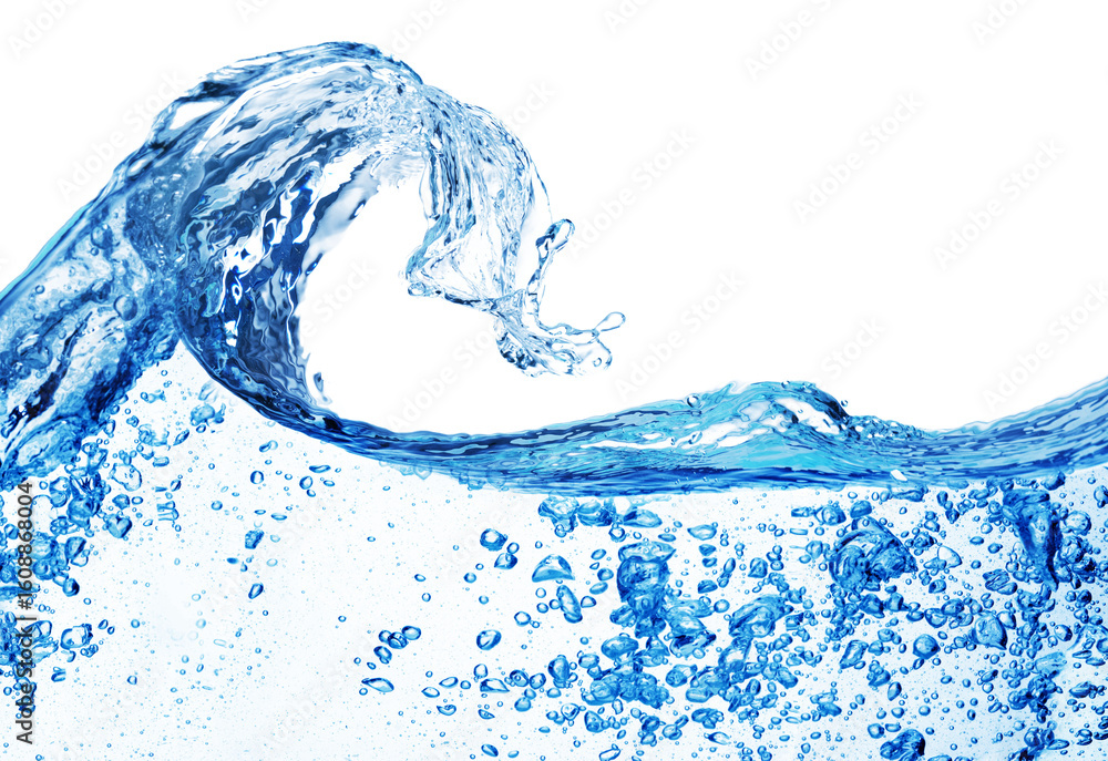 Poster dynamic blue ocean wave cresting and breaking with detailed water droplets and splashes isolated on 