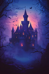Enchanted castle at dusk surrounded by mist and bats, evoking a mystical atmosphere