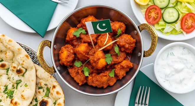 A vibrant display of Pakistani cuisine featuring a flavorful dish, naan, and salad. - Powered by Adobe
