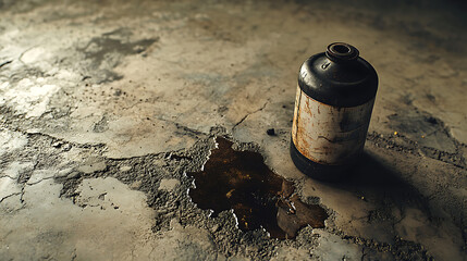 Leaking rusty dangerous chemical container polluting cracked concrete floor