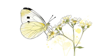 Fototapeta premium Delicate watercolor illustration of a white butterfly on blooming yellow flowers a serene and