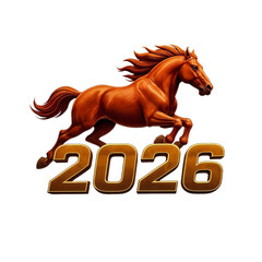Year of the Horse 2026: A dynamic, photorealistic depiction of a spirited brown horse leaping energetically over the bold numbers, celebrating the upcoming year. 
