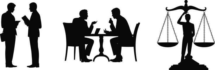 Silhouette of business professionals discussing documents, negotiating at table, and holding justice scale, symbolizing communication, balance, law, and decision making.

 flat vector illustration