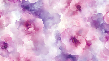 Fototapeta premium Seamless pattern with pink and purple watercolor flowers, the petals blending into the background. Abstract floral background.