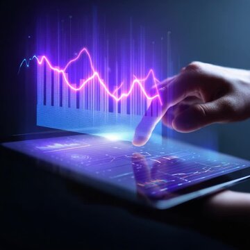 Digital Data Analysis: A hand interacts with a glowing digital tablet, displaying an immersive data chart, suggesting tech, business, and innovative approaches to data analysis. 