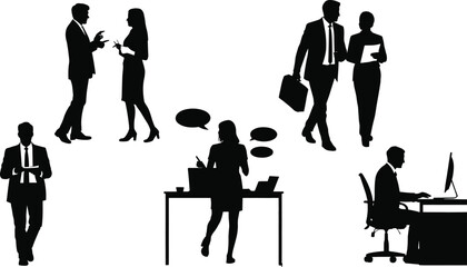 Silhouette of business professionals working, discussing, presenting, typing, walking with documents, corporate communication, teamwork, modern office environment, success 