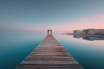 Fototapeta premium Tranquil wooden pier leads to misty horizon