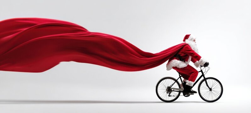 The Santa Claus Riding a Bicycle with a Flowing Red Cape