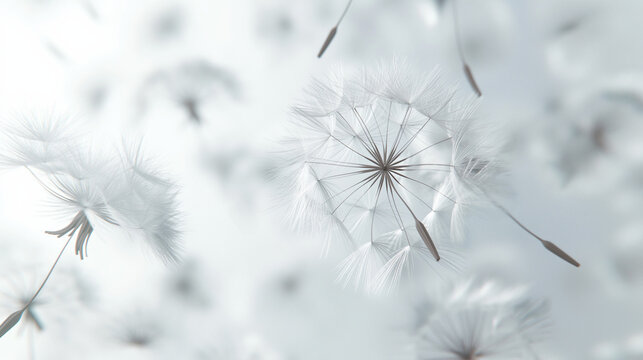 Close up macro view of delicate white dandelion seed heads in soft focus - Powered by Adobe
