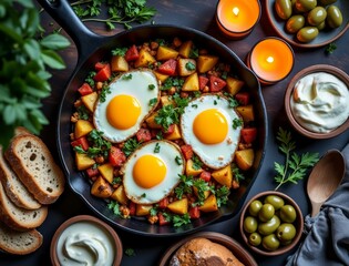 Hearty skillet breakfast with fried eggs and potatoes