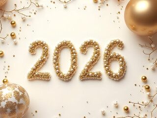 Gold and Pearl Embellished 2026 Numerals on Cream Background with Festive Ornaments and Branches image