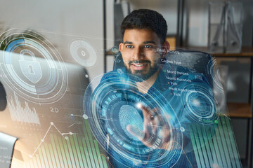 Smiling Male Programmer Using Advanced Interactive Technology Holographic Interface, Exploring Virtual Security Elements And Data Analytics While Working In A Modern, Innovative Environment