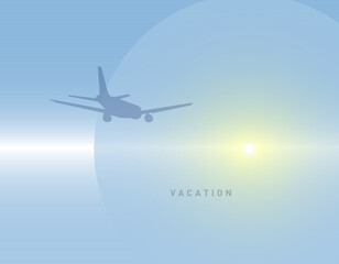 Minimalist Vacation Mood Poster with Airplane and Sunrise, vector illustration