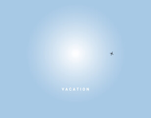 Minimalist Vacation Travel Poster with Airplane in Blue Sky, vector illustration