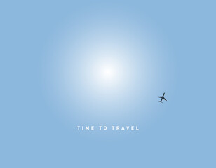 Minimalist Vacation Travel Poster with Airplane in Blue Sky, time to travel, vector illustration