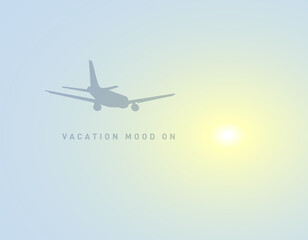 Minimalist Vacation Mood Poster with Airplane and Sunrise, vector illustration