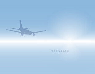 Minimalist Vacation Mood Poster with Airplane and Sunrise, vector illustration