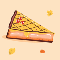 Autumn pie isolated with leaf. Cozy icon food for autumn season design. Vector illustration