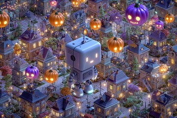 Pastel robot witch kids trick or treating in front of a cute digital haunted house run by friendly.