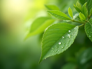 Vibrant Green Leaf with Morning Dewdrops Closeup Shot Showing Detailed Leaf Veins and Water Droplets Glistening in Soft Sunlight Natural Background
