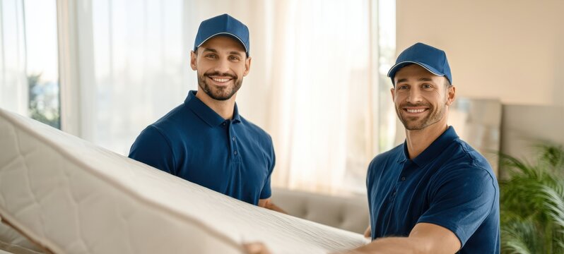 The professional movers smiling while delivering a mattress into a modern home - Powered by Adobe