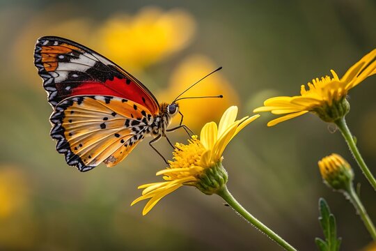 A monarch butterfly rests on a vibrant yellow daisy flower - Powered by Adobe