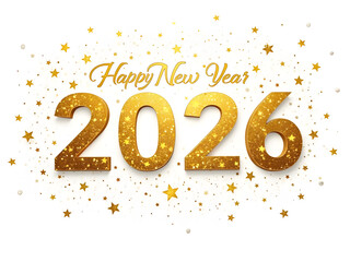 Gold Glitter 2026 New Year Numbers with Scattered Golden Stars on White Background Happy New Year Text