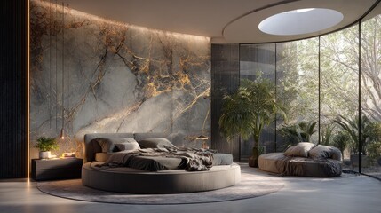 A modern circular bed in a luxe room with marble wall and view of outdoor greenery