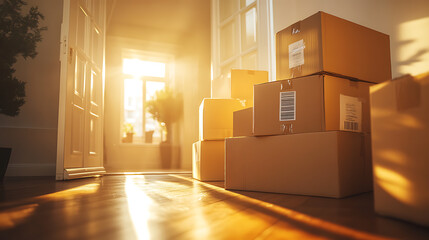 Cardboard boxes stacked in a new house illuminated by warm sunlight entering through the window