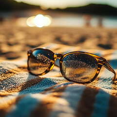 Sunglasses resting on beach towel during golden hour sunset at the beach