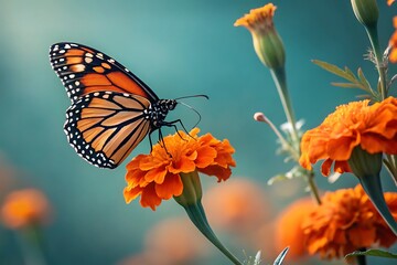 Obraz premium A monarch butterfly rests on a vibrant orange marigold flower