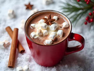 Red Mug of Warm Hot Chocolate Topped with Mini Marshmallows and Star Anise Cinnamon Sticks and Marshmallows Scattered on Snowy Surface Winter Holiday Drink