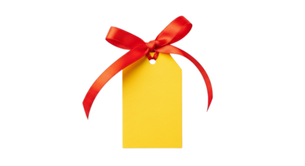 Bright yellow gift tag with a red ribbon bow isolated on transparent background