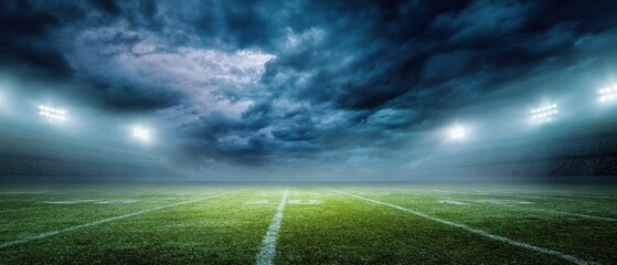 The dramatic football field under stormy skies with bright stadium lights.