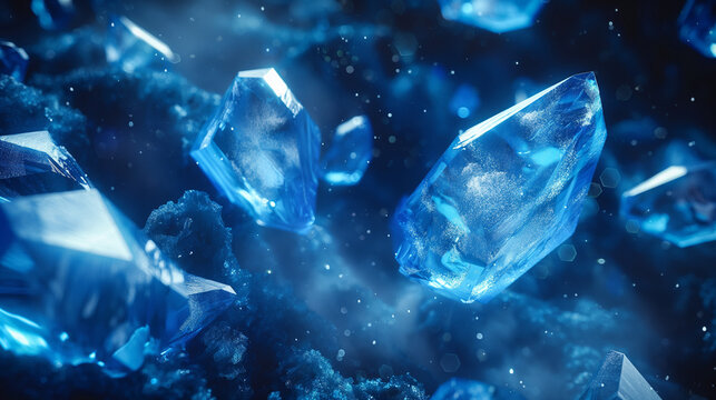 Abstract close up of glowing blue crystals with ethereal light and particles - Powered by Adobe