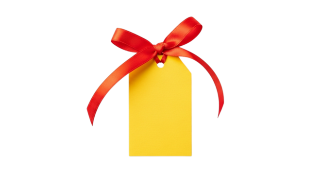 Bright yellow gift tag with a red ribbon bow isolated on transparent background