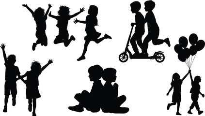 Silhouette of playful children jumping, running, riding scooter, sitting, holding balloons, enjoying friendship, fun outdoor activity, childhood happiness, togetherness.

 flat vector illustration