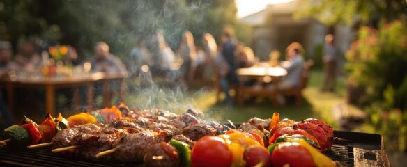 The delicious barbecue skewers sizzling on the grill at a joyful outdoor gathering.