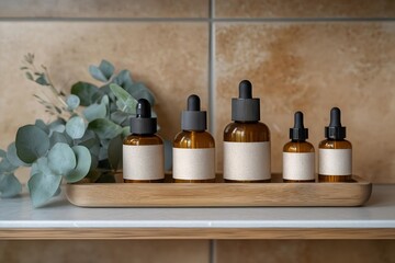 modern skincare shelf with amber bottles and eucalyptus in warm natural light.