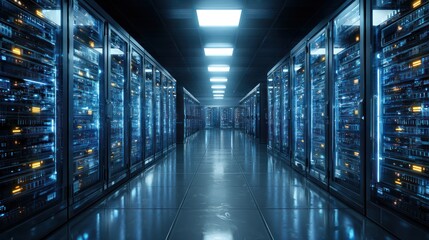 Fototapeta premium A perspective shot down a server room aisle, glowing with blue and gold lights