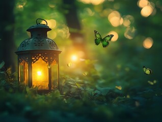 glowing green lantern in twilight forest with bokeh butterflies.