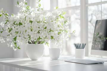 elegant home office with blooming tree and white desk in natural light. 