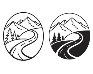 Mountain road and forest landscape in a circular frame black and white illustration.
