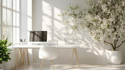 elegant home office with blooming tree and white desk in natural light. 