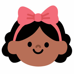 Smiling cartoon girl with dark skin and pink bow hairstyle. Cute character perfect for diversity and education themes.